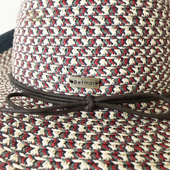 Betmar Wide Brim Floppy Beach Sun Hat Red Green White Cross Hatch Black Border - Picture 6 of 11
